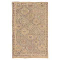 Vintage Soumak Handmade Geometric Designed Tan Wool Rug