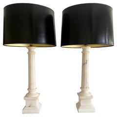 Pair Italian Column Neoclassic Alabaster Table Lamps