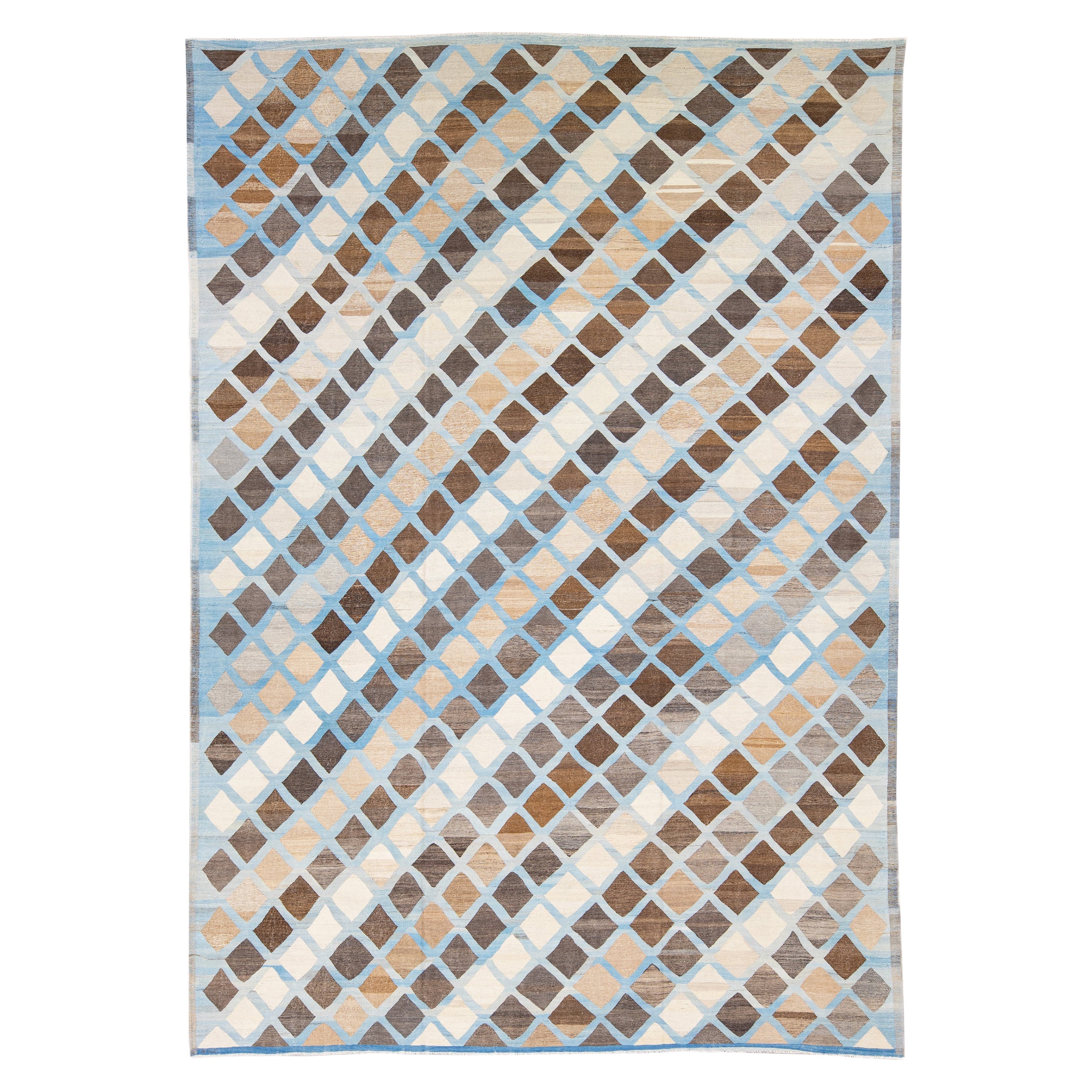 Modern Kilim Flat-Weave Geometric Blue and Brown Oversize Wool Rug For Sale