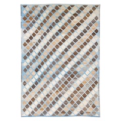 Modern Kilim Flat-Weave Geometric Blue and Brown Oversize Wool Rug