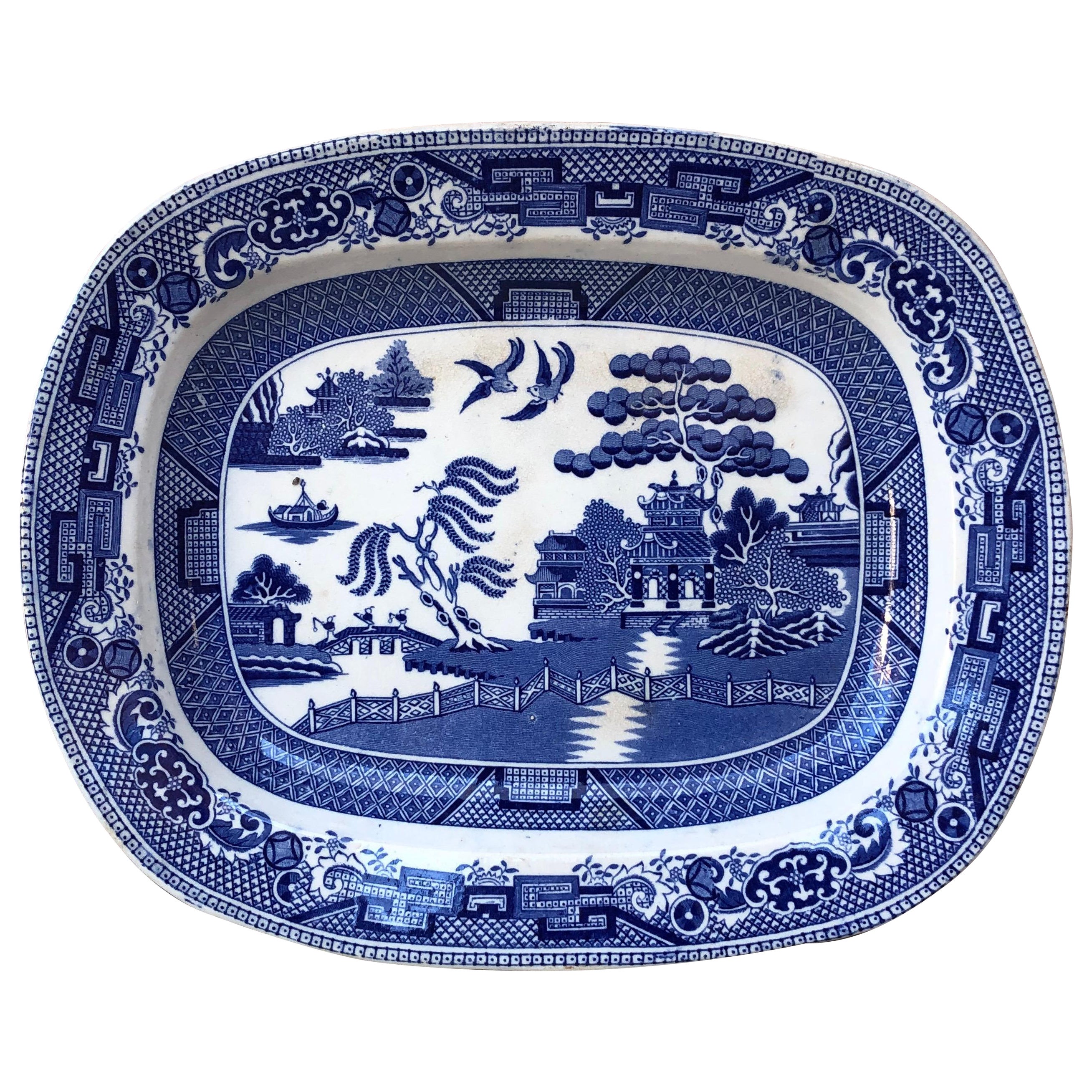19th Century English Blue & White Willow Chinoiserie Meat Platter