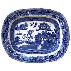Antique 19th Century English Blue & White Willow Chinoiserie Meat Platter