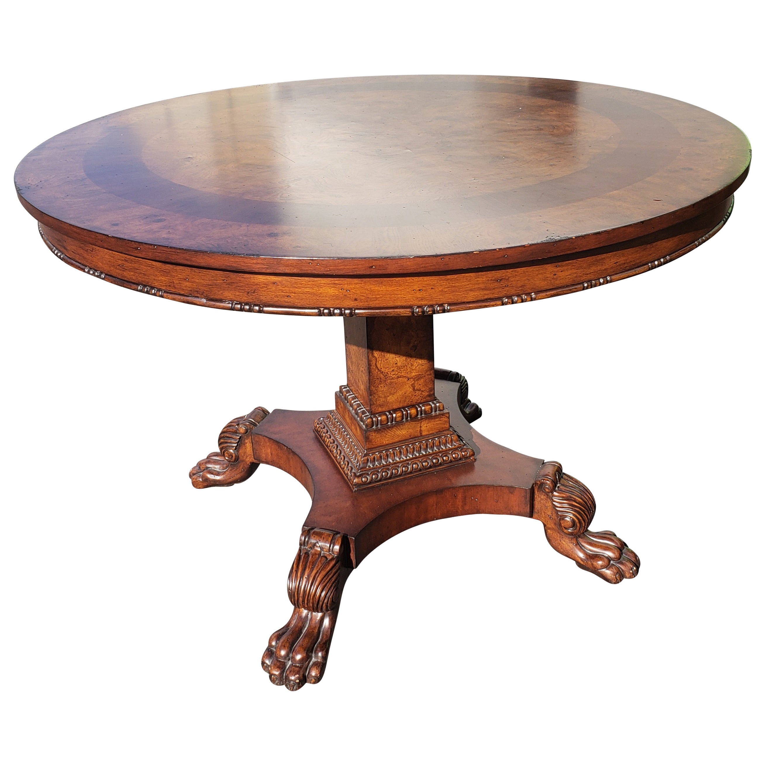 Banded Burl Walnut Distressed Center Table with Veneered Quad Part Pedestal Base