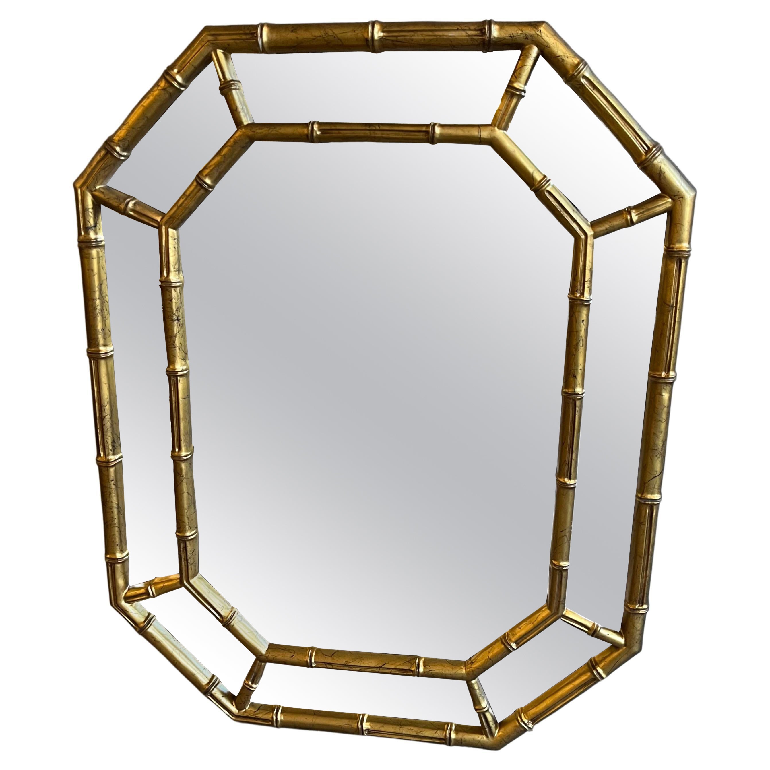 1960s Gilt Faux Bamboo Wood Octagonal Wall Mirror with Black Painted Veining