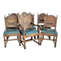 Antique Carved English Oak Tudor Dining Chairs, Set of 6