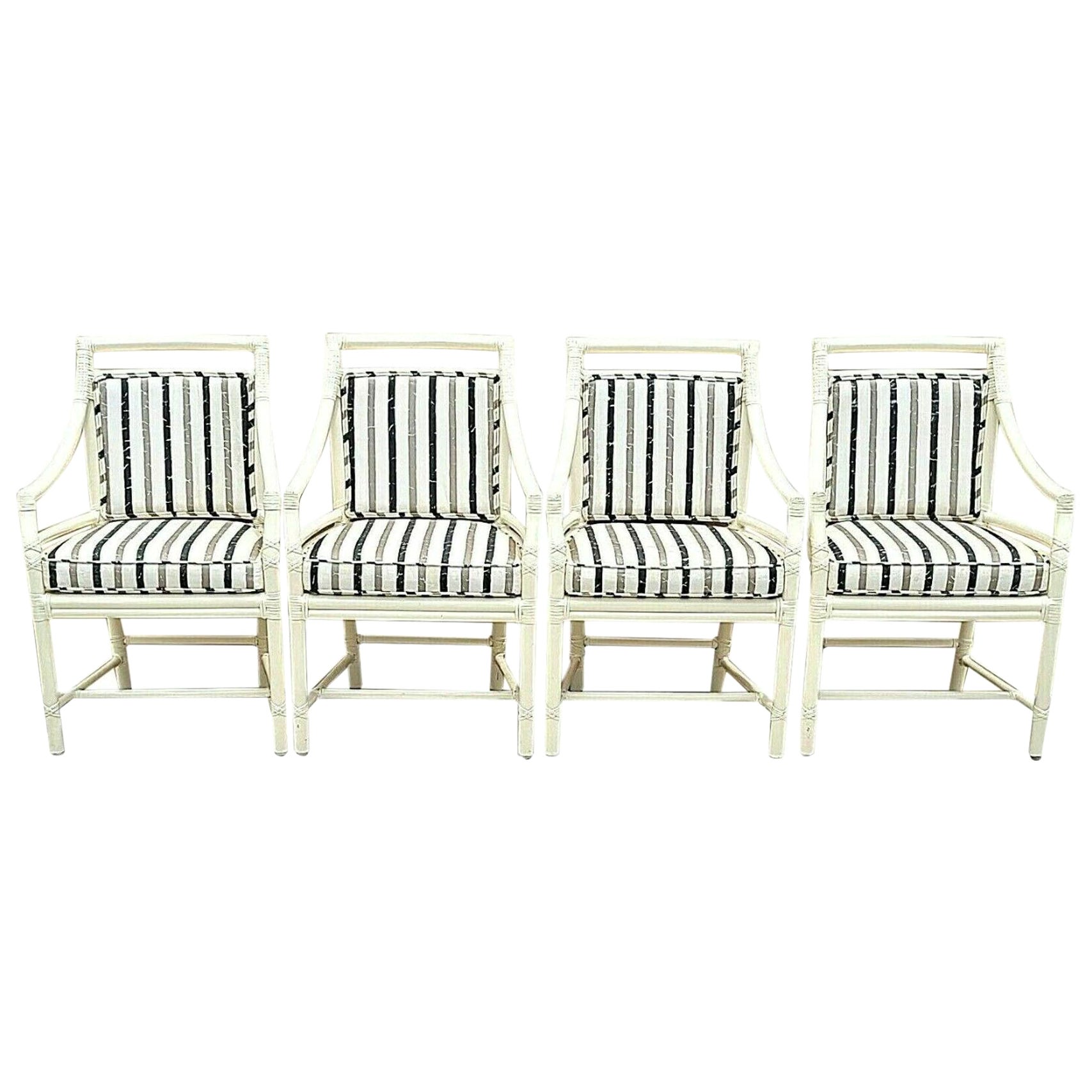 McGuire Chippendale Coastal Bamboo Rattan Dining Armchairs, Set of 4