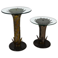 Vintage Brass & Chrome Glass Top Accent Tables  Set of 2