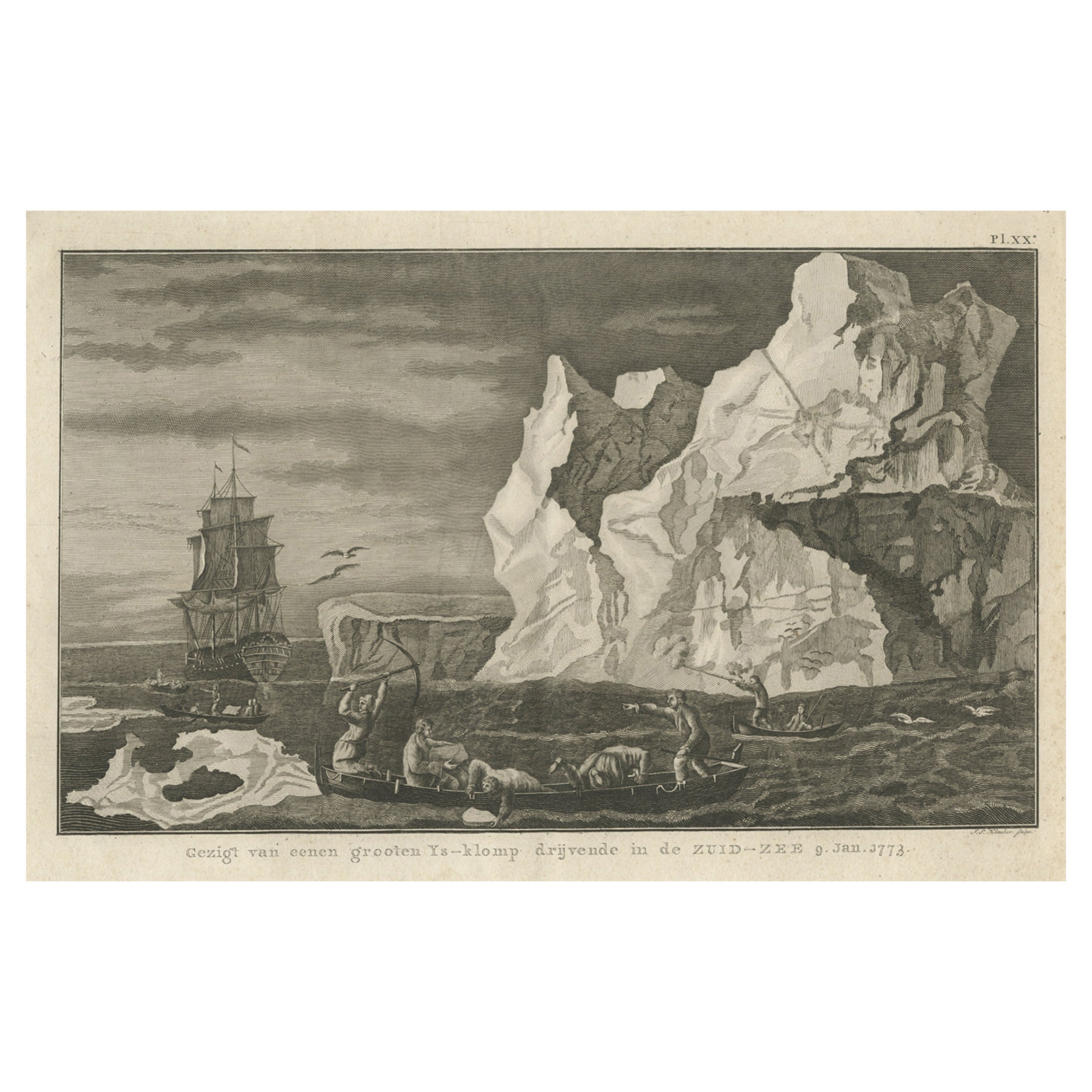 Old Print from Capt. Cooks Travels with Boats and a Ship in the South Sea, 1803 For Sale