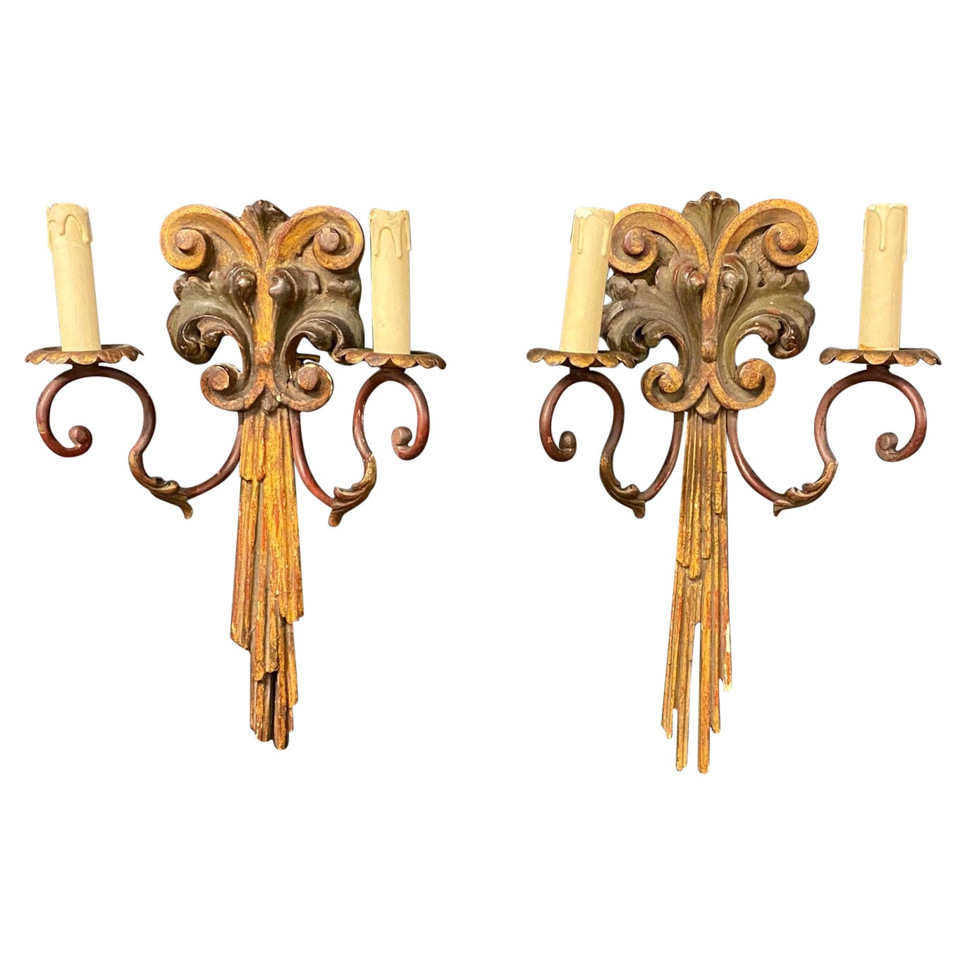 Pair of Old Wall Lights in Polychrome Wood and Wrought Iron circa 1950