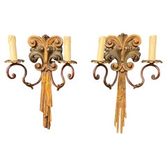 Vintage Pair of Old Wall Lights in Polychrome Wood and Wrought Iron circa 1950