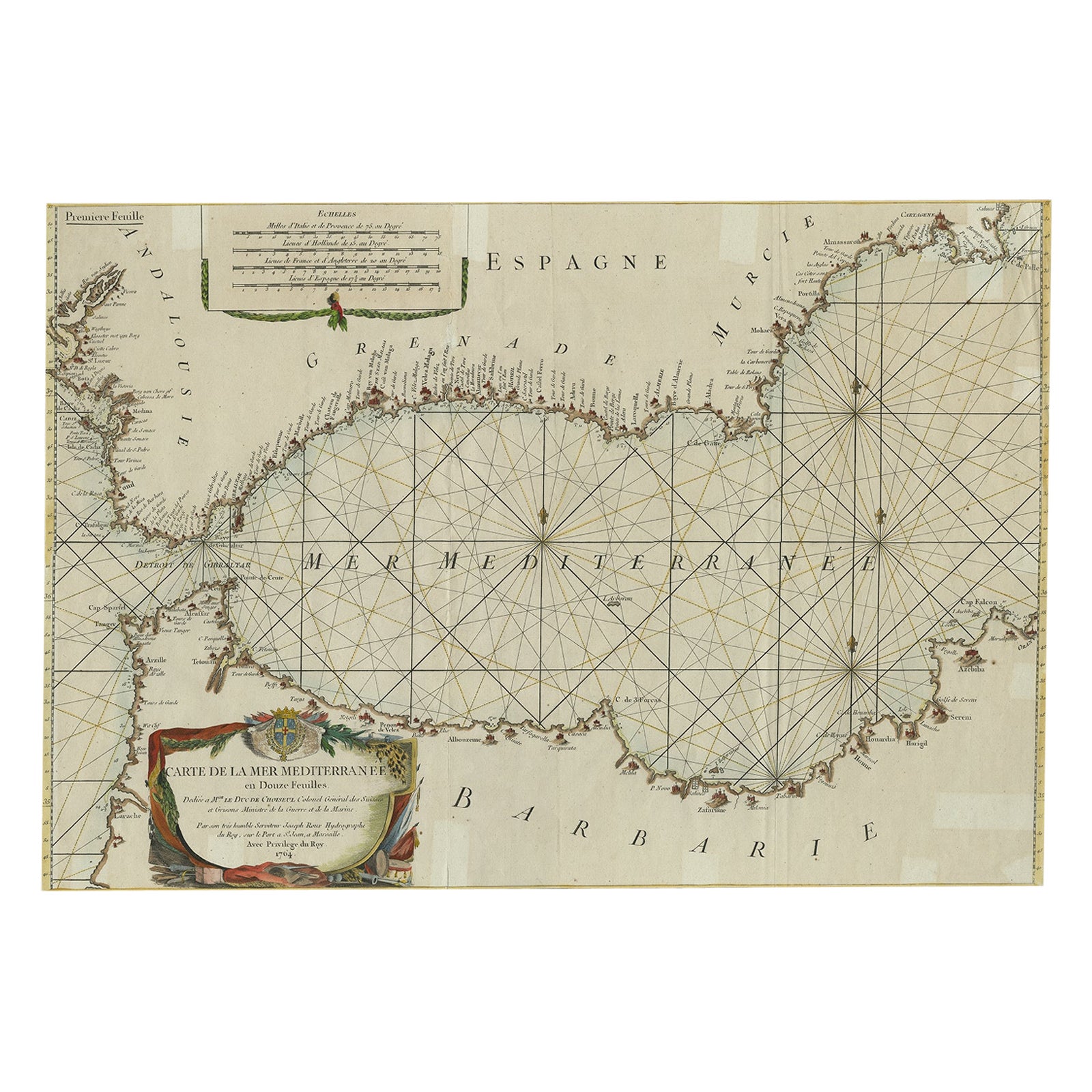 Large Decorative Antique Map of the Mediterranean, ca.1770 For Sale