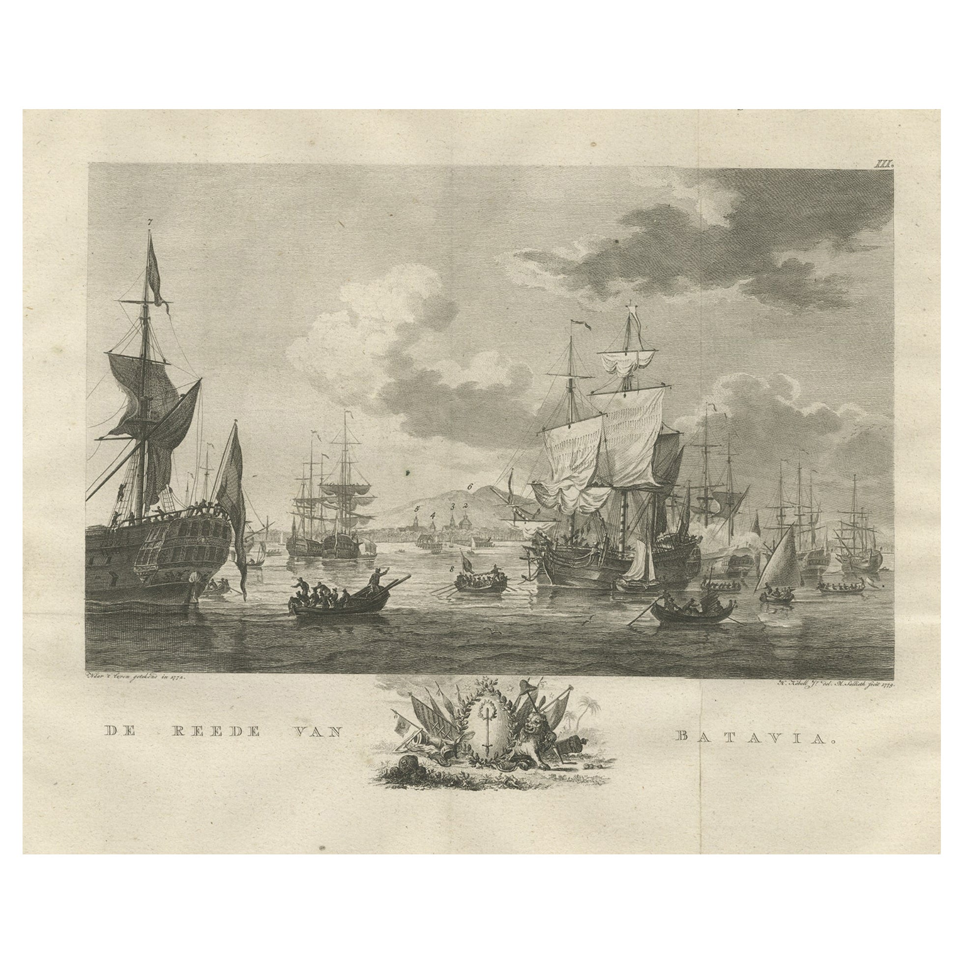 Stampa antica di navi della VOC nel mare vicino a Batavia (Giacarta, Indonesia), 1779