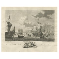 Ancienne estampe de navires VOC en mer près de Batavia (Jakarta, Indonésie), 1779