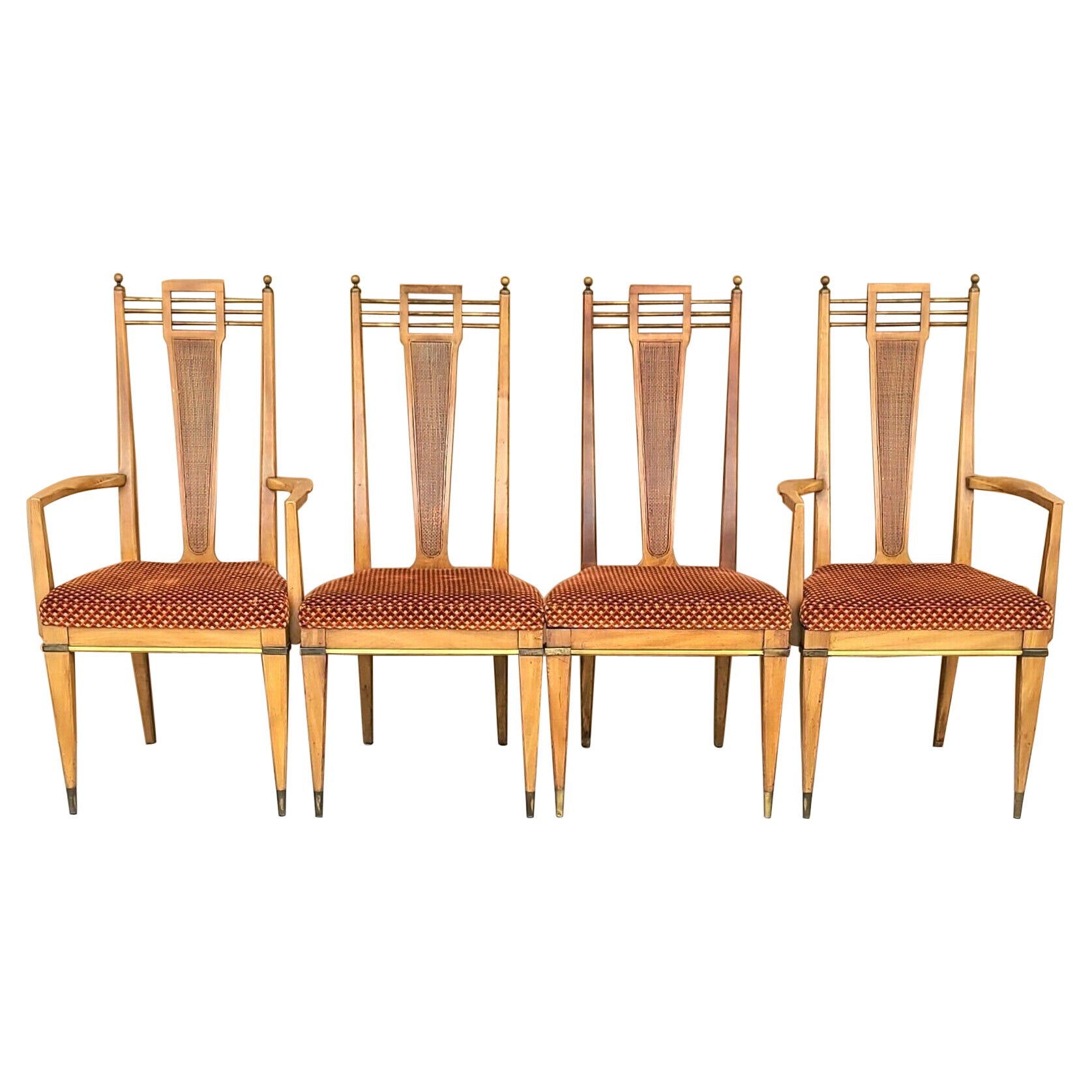 MCM J L Metz Brass Solid Wood & Cane Dining Chairs Set of 4