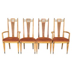 Vintage MCM J L Metz Brass Solid Wood & Cane Dining Chairs Set of 4