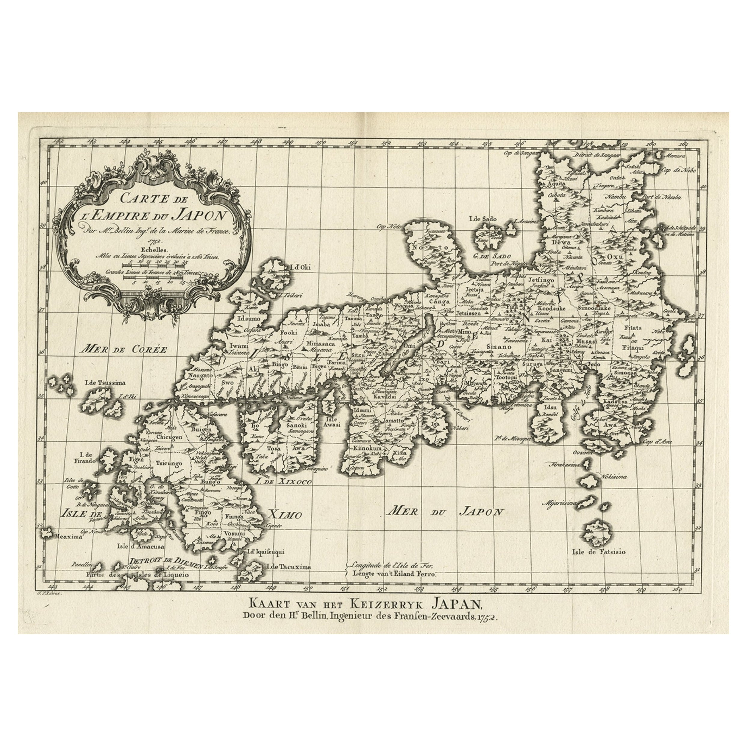 Original Antique Map of the Empire of Japan, Centered on the Bay of Osaka, c1752 For Sale