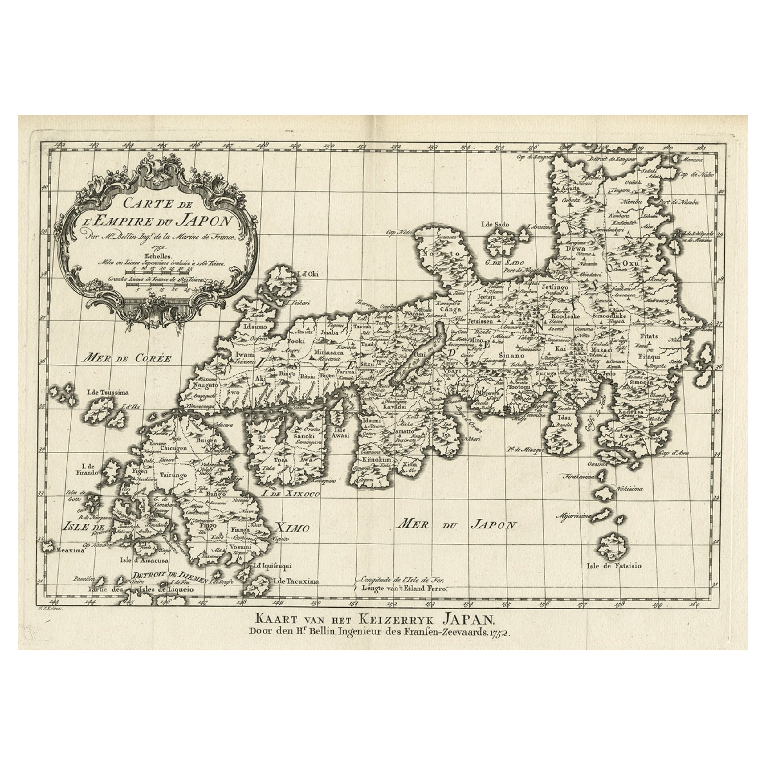 Mappa antica originale dell'Impero del Giappone, centrata sulla baia di Osaka, c1752