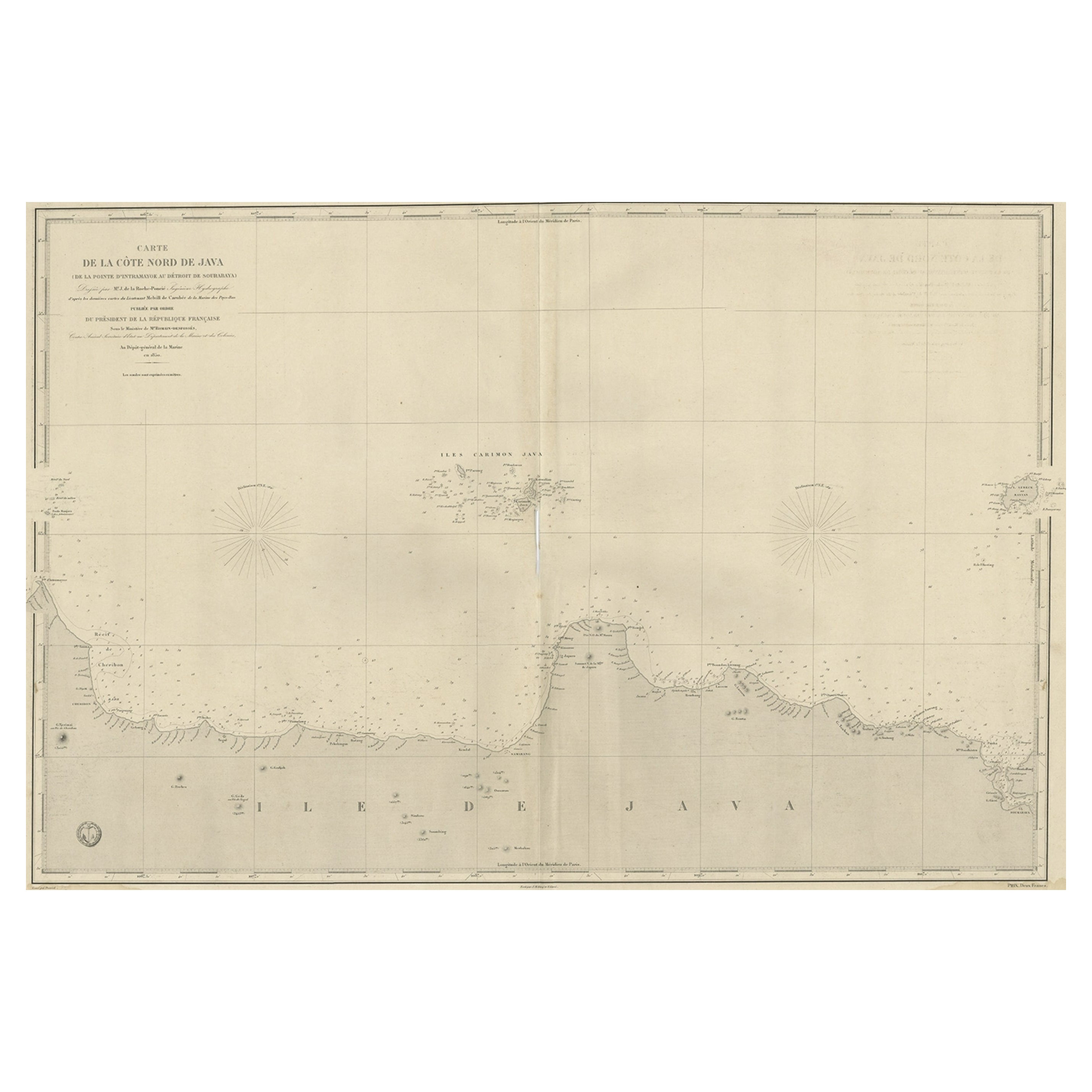 Frühe französische nautische Charte der nördlichen Küste von Java, Indonesien, um 1850