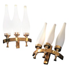 Stilnovo Sconces Brass Opaline Glass 1950 Italy