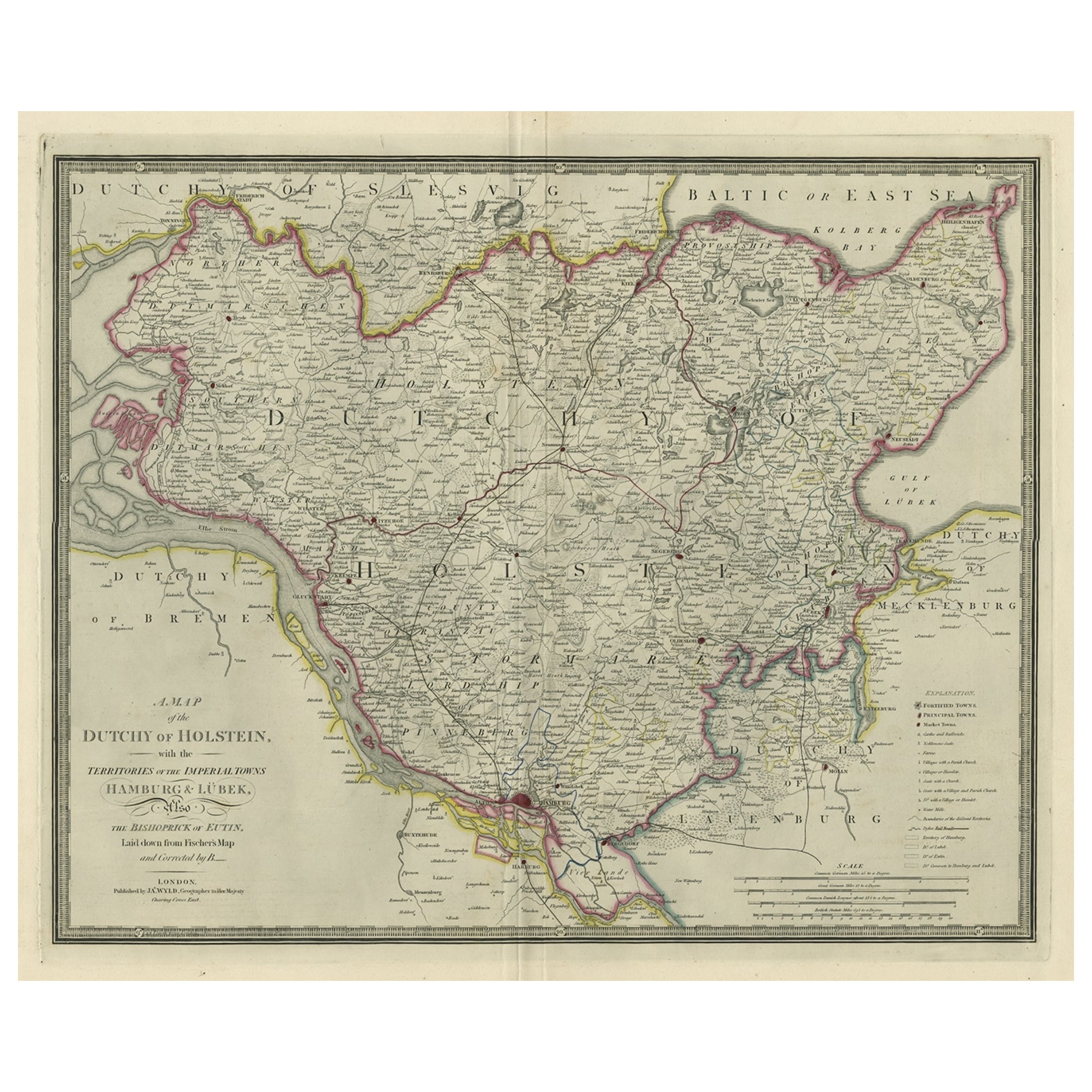 Large Original Antique Map of the Dutchy of Holstein, Germany, ca.1840