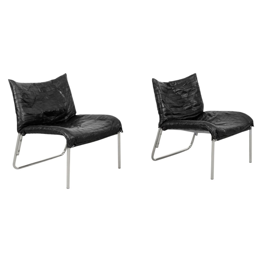 Paire de fauteuils de salon scandinaves modernes en cuir patchwork vintage de IKEA en vente