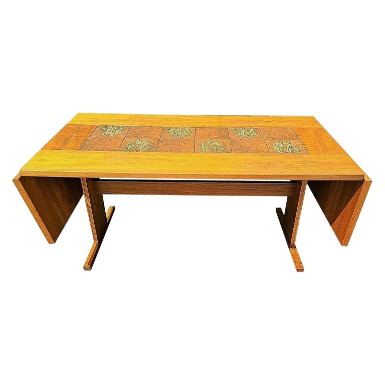  Dining Table by Gangso Mobler Teak & Botanical Tile Drop Leaf  For Sale