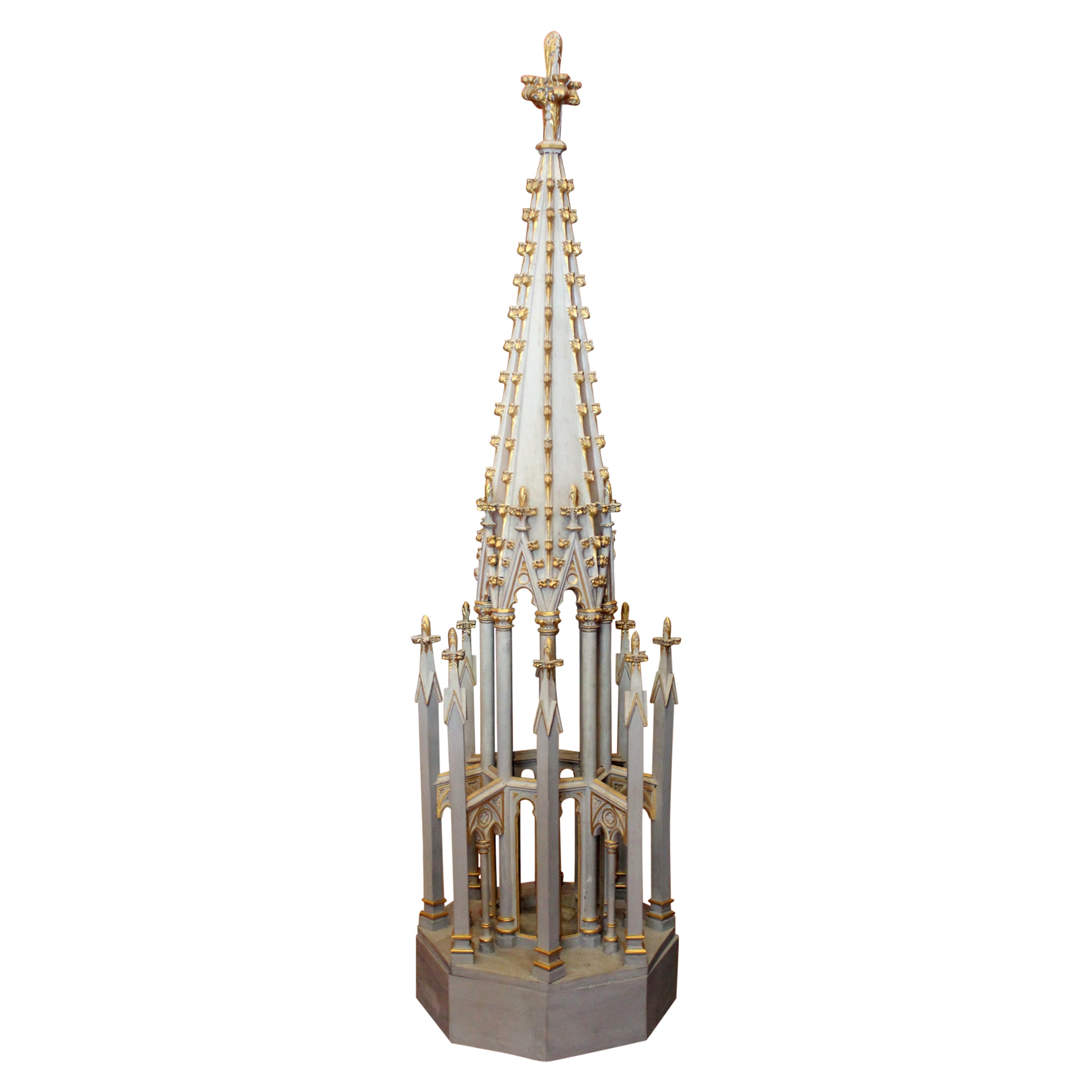 French 19th Century Gothic Revival Hand Carved, Lacquered, Parcel Giltwood Spire For Sale