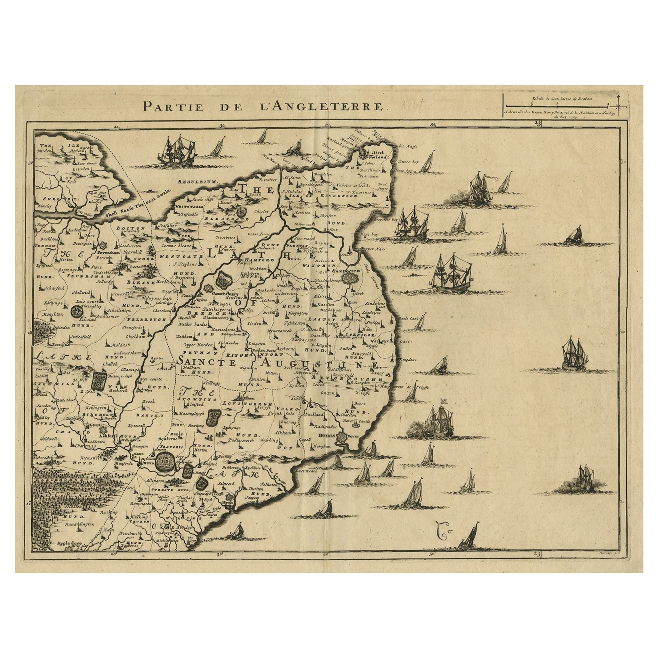 Uncommon Antique Map of the English Channel Coastline, ca.1709 For Sale