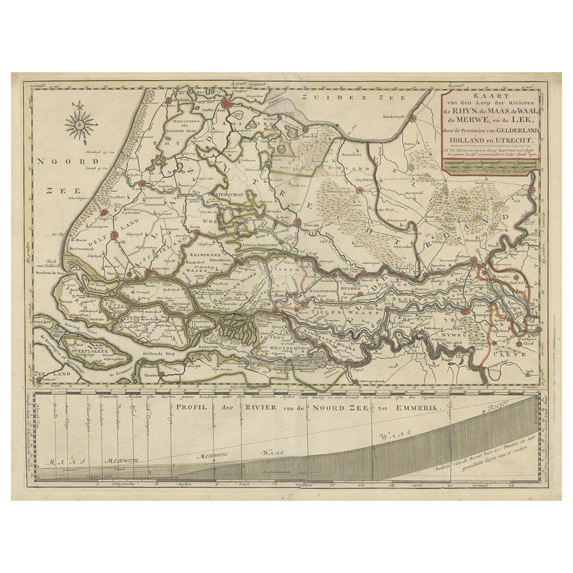 Carte détaillée des rivières néerlandaises, avec le Rhin, la Maas, de Merwe en de Lek, C.1750 en vente