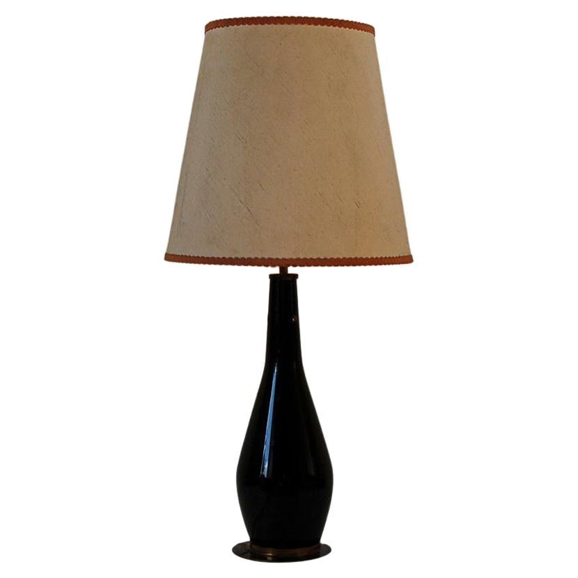 Midcentury Table Lamp in Black Glass and Fabric Lampshade by Stilnovo, 1950s For Sale