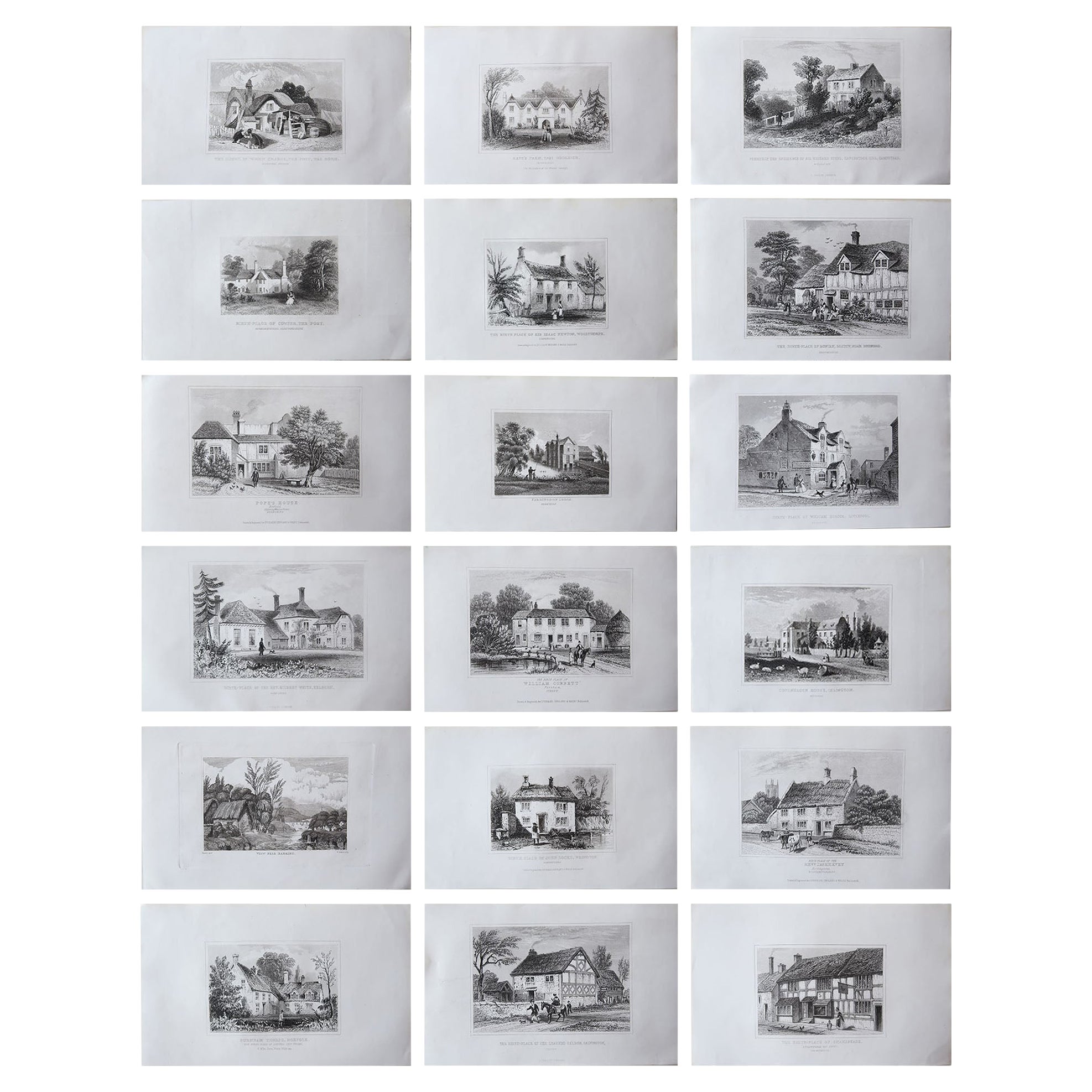 Set of 18 Antique Prints of English Country Cottages, circa 1840