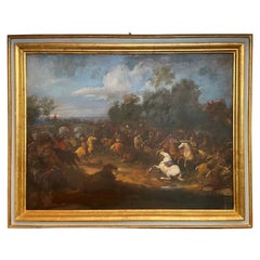 Large 19th Century Flemish Battle Scene with River Landscape and a Bridge