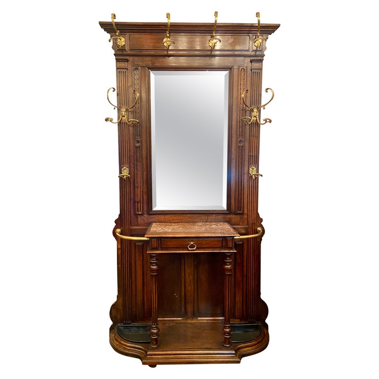 Antique French Brass-Mounted Mahogany and Marble "Porte Manteau" Hall Tree  Ca 1890 For Sale at 1stDibs