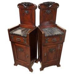 Pair 1900s Italian Art Nouveau Nightstands Mahogany Portoro Marble