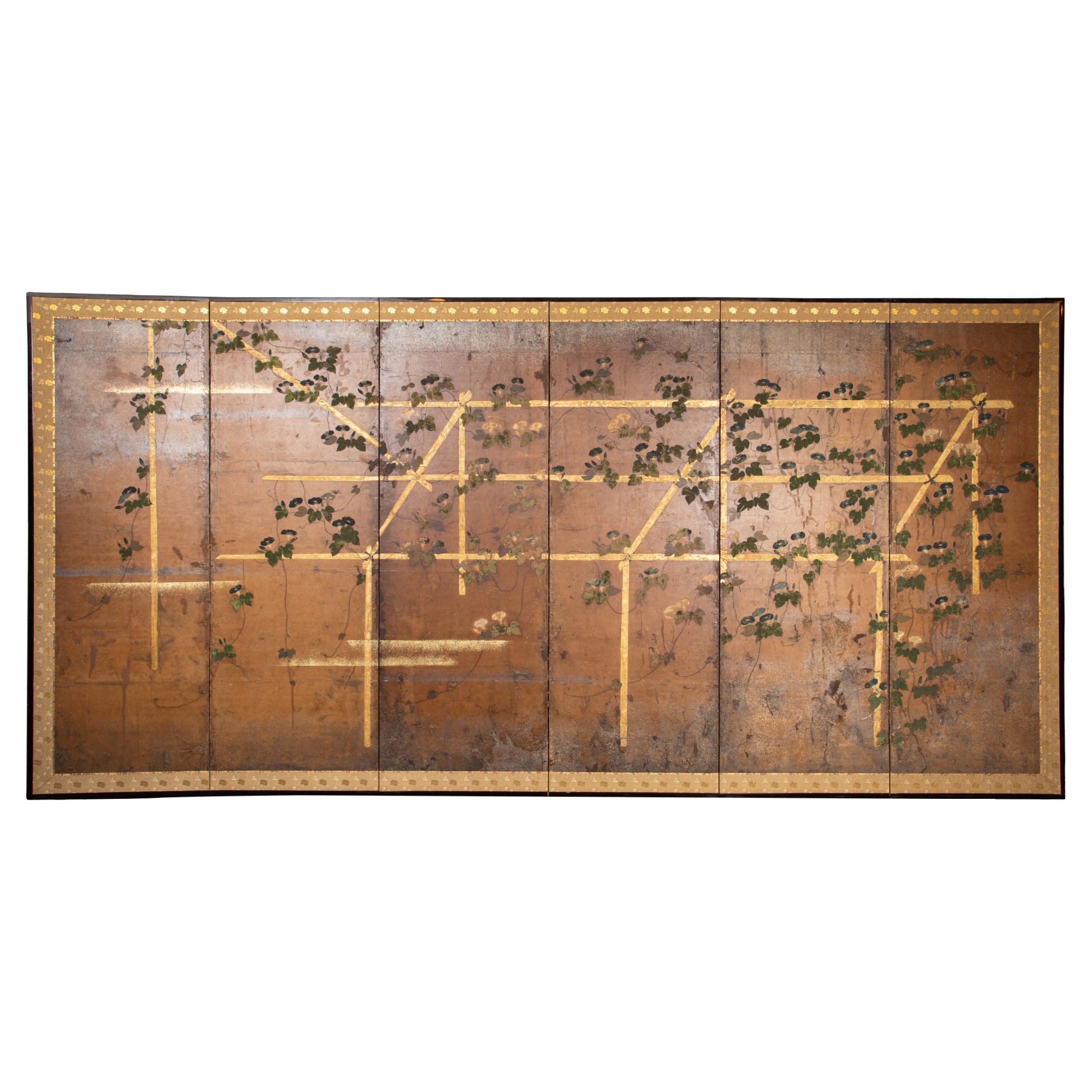 Japanese Six Panel Screen, Morning Glories on a Bamboo Arbor For Sale