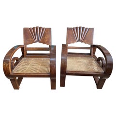 Antique Pair of Madura Indonesian Teak Side Chairs with Rattan Seats