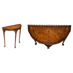 Cabriole Leg Art Deco Style Burr Walnut Demi Lune Half Moon Console Side Table