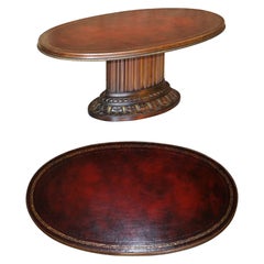 Oxblood Leather Oval Roman Pedestal Base Coffee or Cocktail Table Nice Find