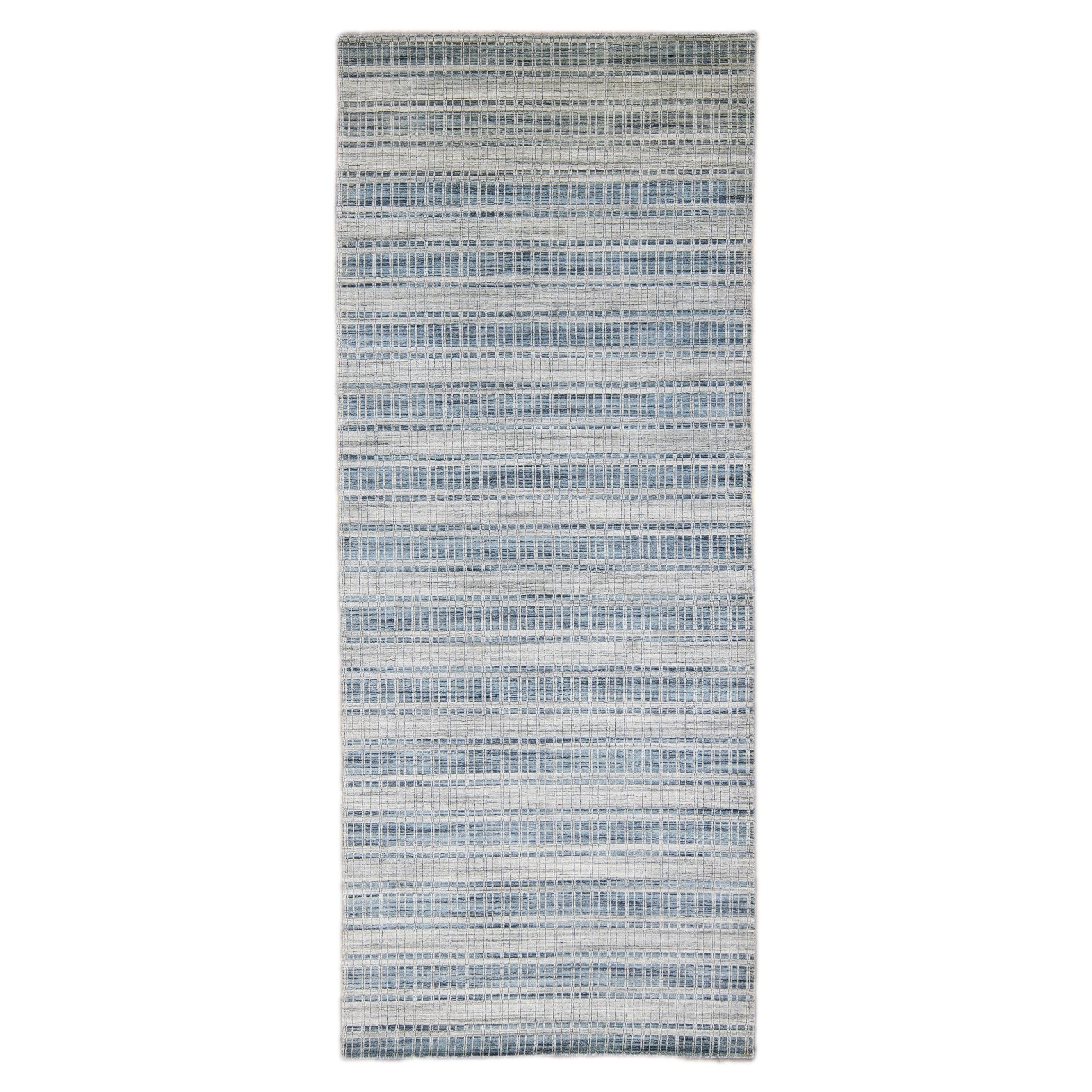 Blue and Gray Comtemporary Indian Handmade Geometric Scatter Wool & Silk Rug For Sale