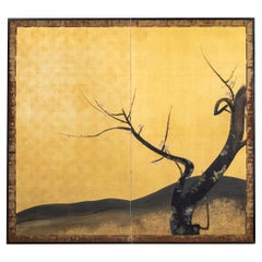 Japanese Two Panel Screen Winter Flowering Plum on Gold Leaf