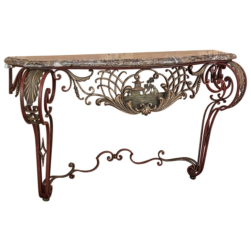 19th Century French Louis XIV Chinoiserie Wrought Iron & Marble Console For Sale
