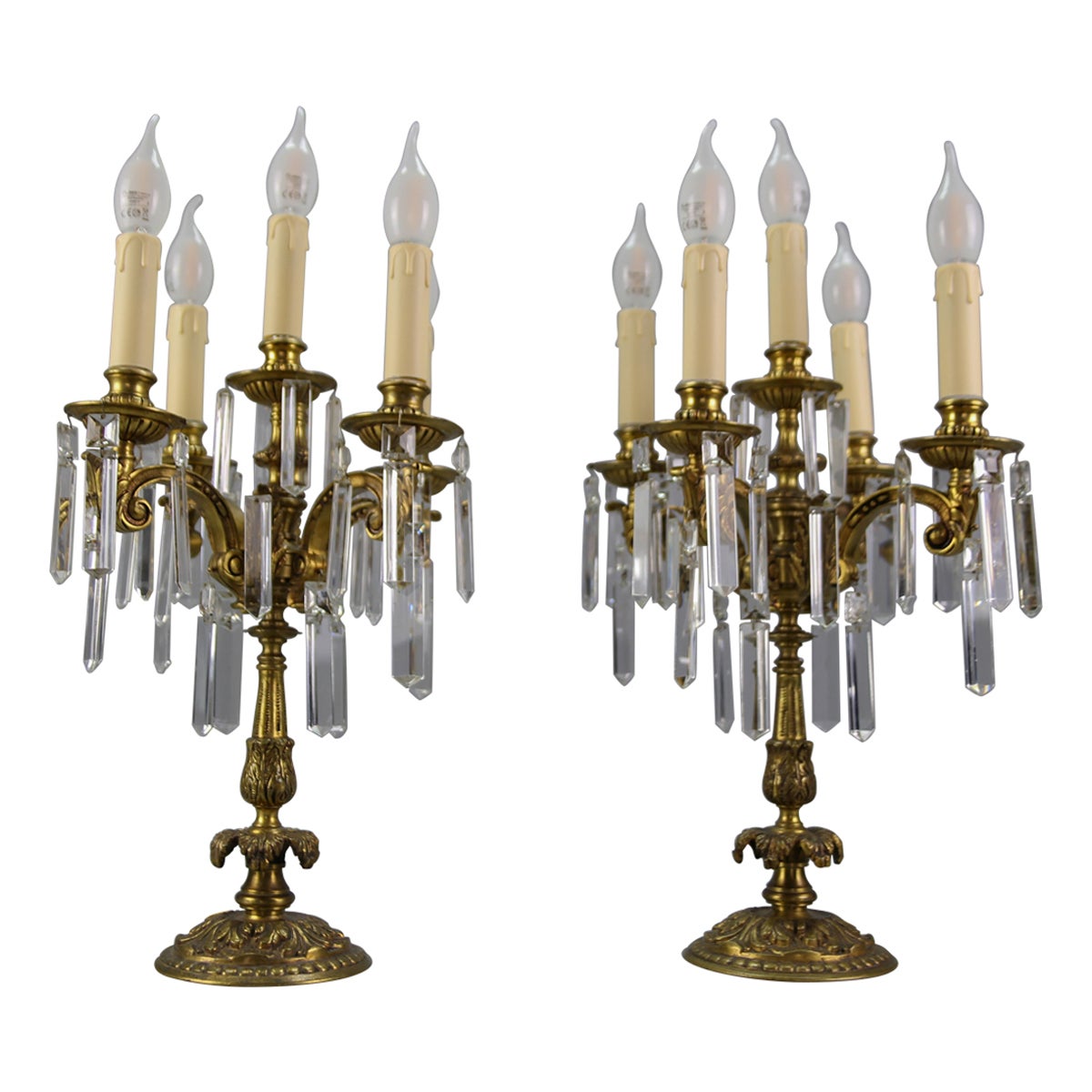 French Louis XVI Style Bronze and Crystal Candelabra Table Lamps, Set of 2 For Sale