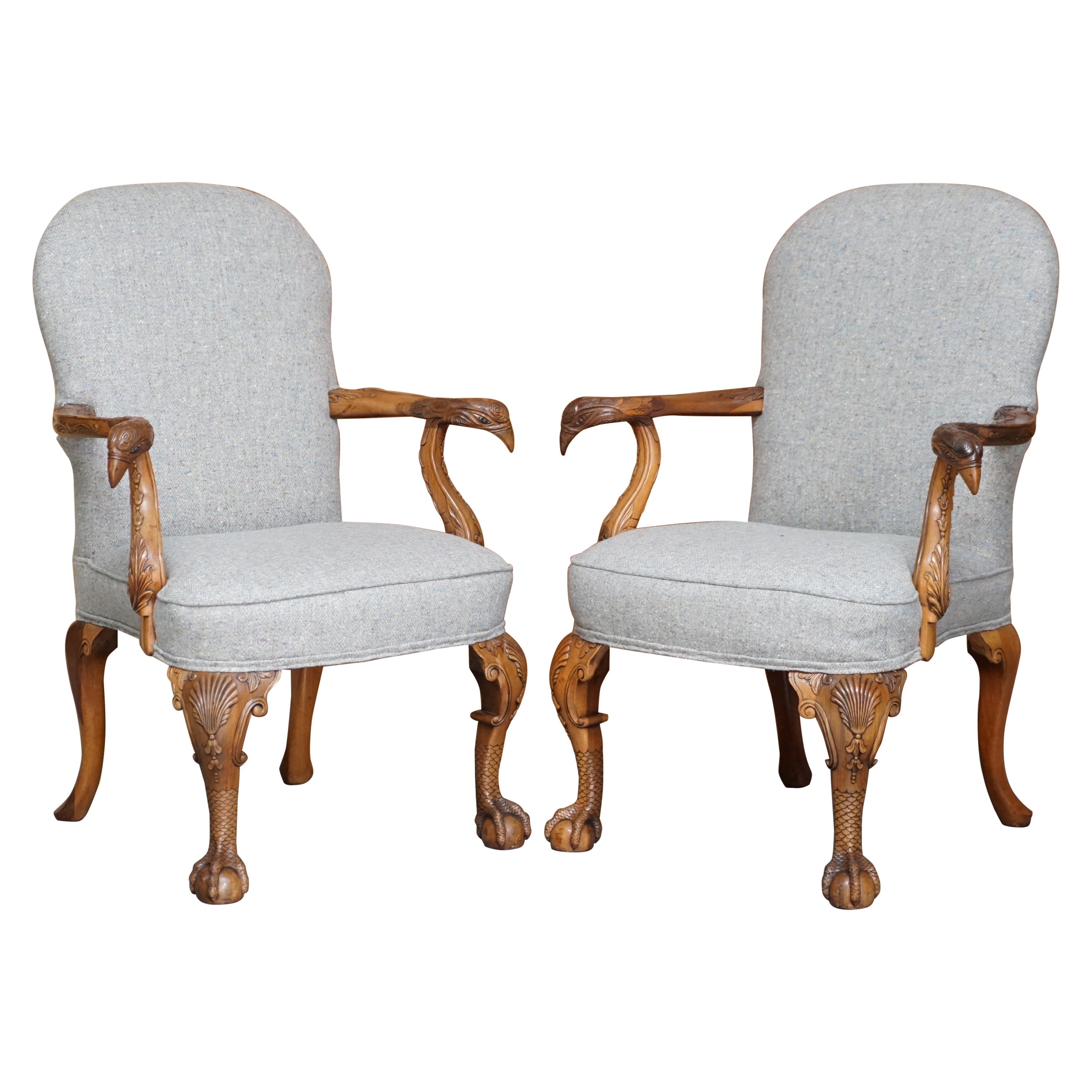 Pair of Fully Restored Vintage Eagle Armed Claw & Ball Feet Throne Armchairs