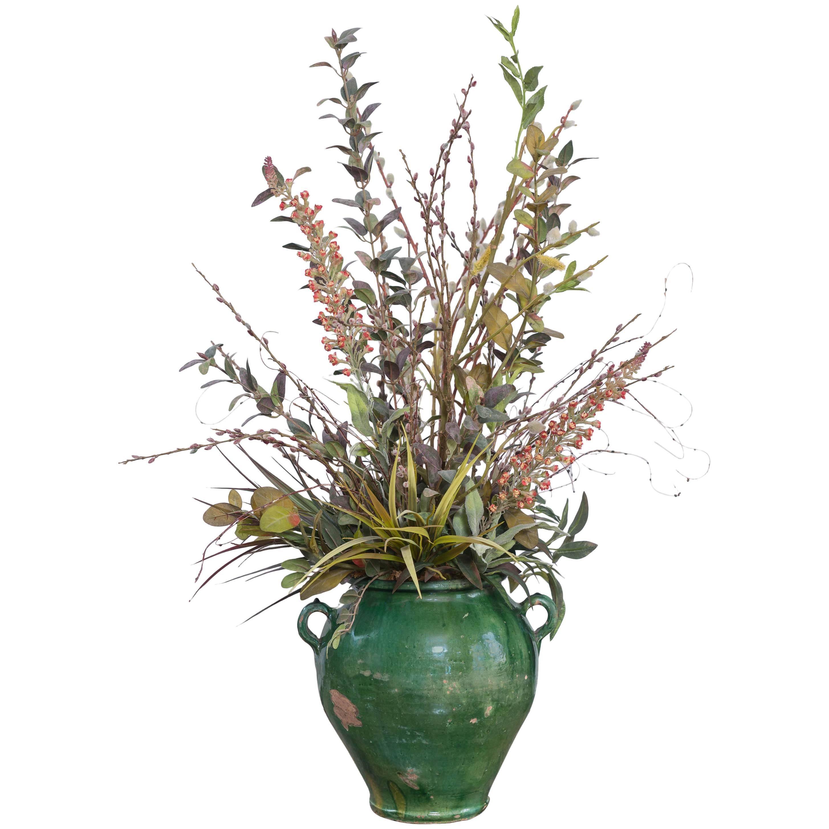 Exquisite Rustic Green Glazed Terracotta Jardinièr with Faux Floral Display For Sale