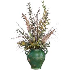 Vintage Exquisite Rustic Green Glazed Terracotta Jardinièr with Faux Floral Display