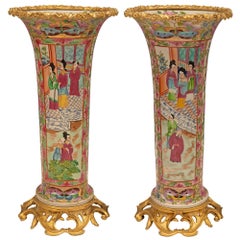 Pair of French 19th Century Louis XV St. Famille Rose Porcelain and Ormolu Vases