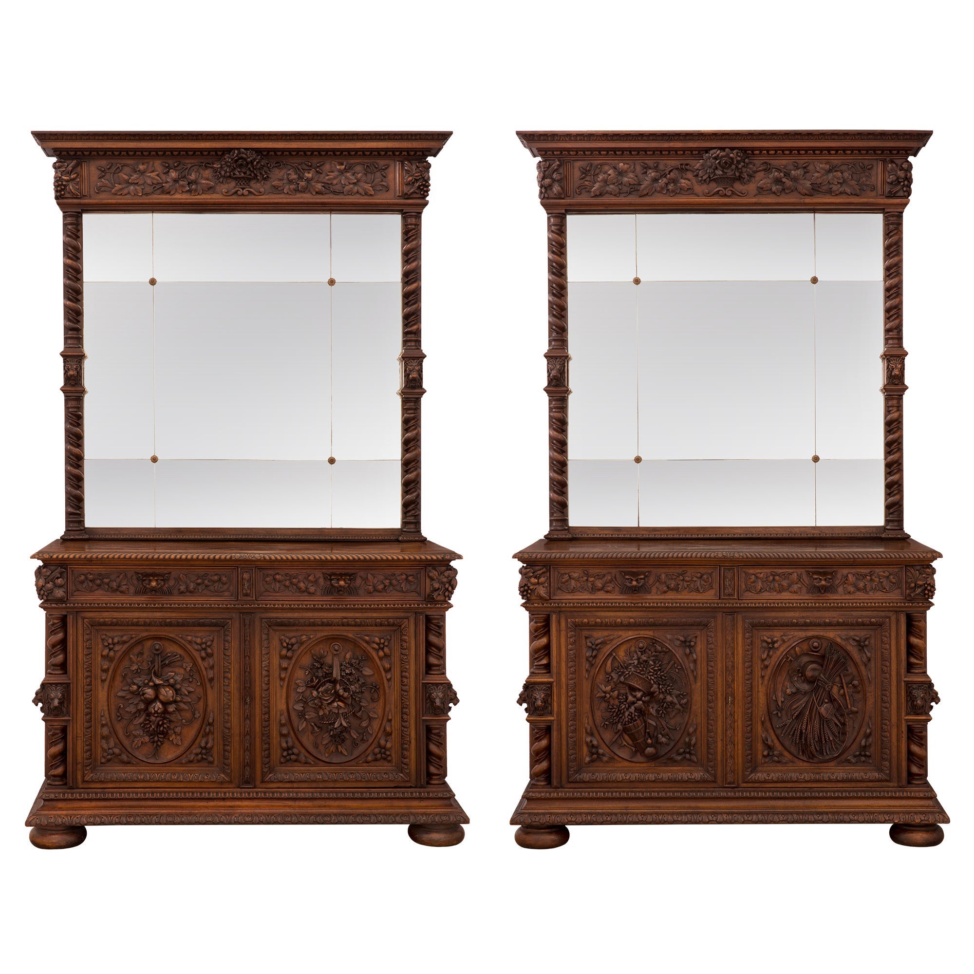 Pair of French 19th Century Louis XIII Style Walnut and Mirror Buffets For Sale