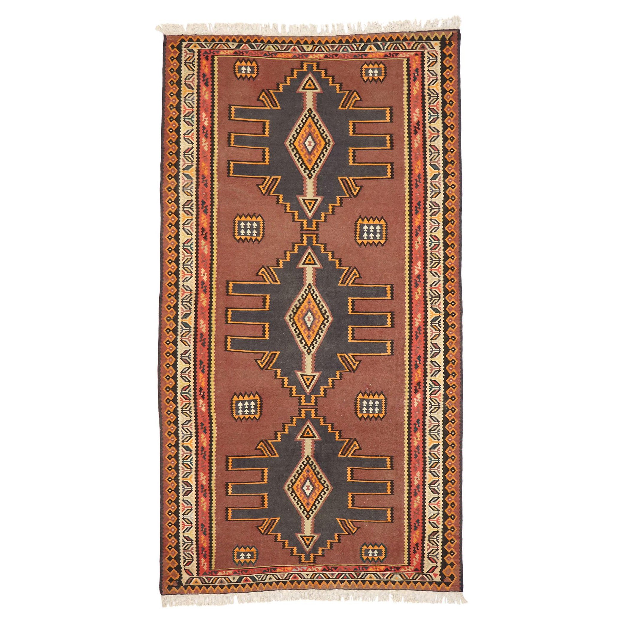 Vintage Turkish Kilim Gallery Rug with Tribal Style For Sale