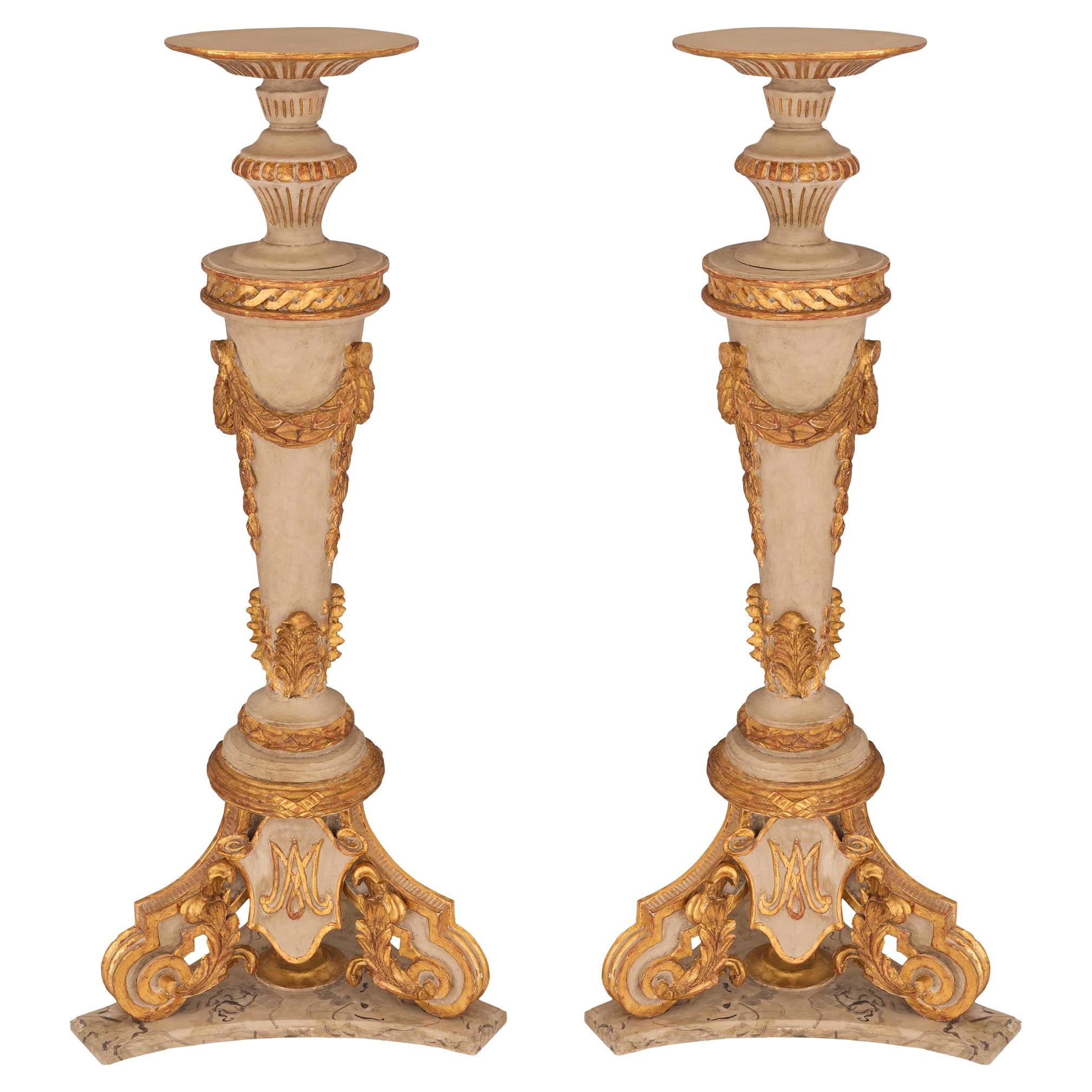Pair of Italian 18th Century Louis XVI Period Patinated and Gilt Torchieres For Sale