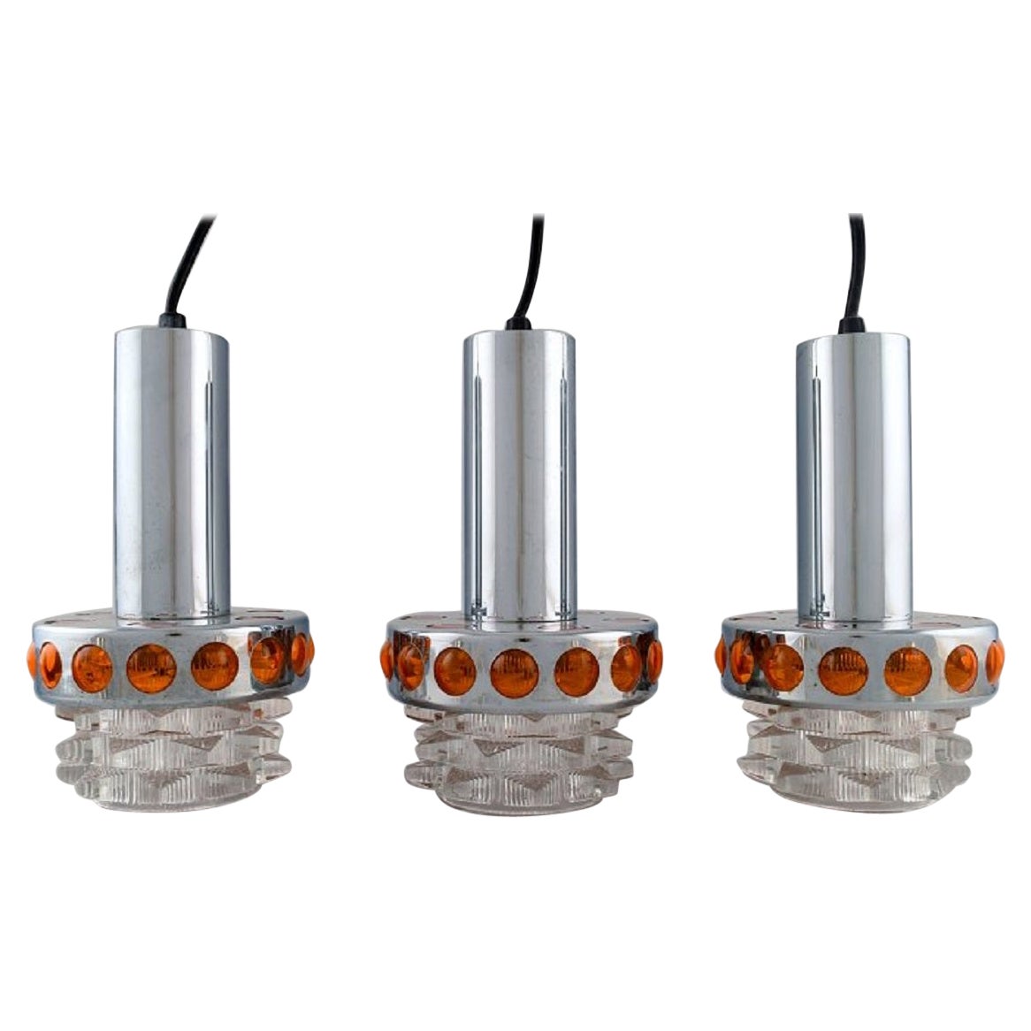 RAAK, Holland, Three Ceiling Pendants in Chromed Metal and Art Glass, 1970s For Sale